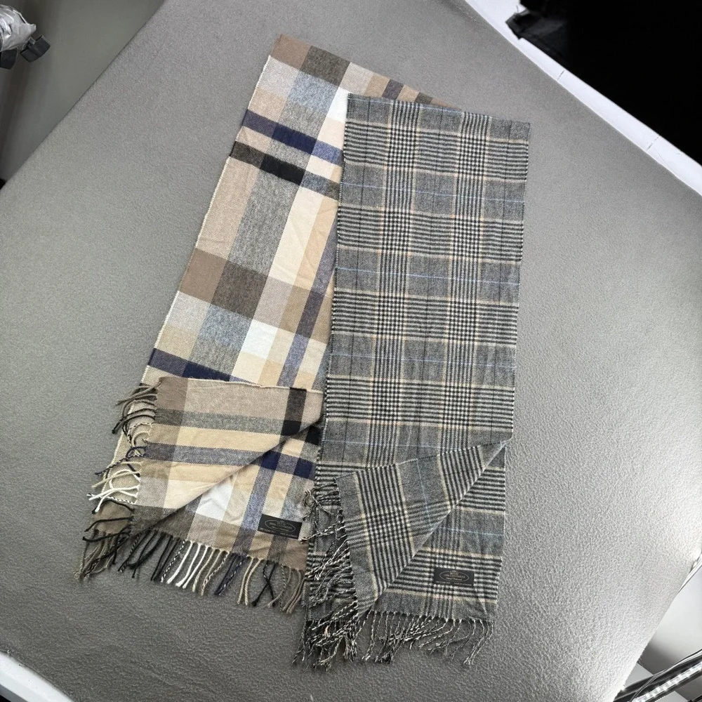 Lot of 2 Hand Tailored Scarf OS Gray Plaid 100% Cashmere Made in Germany Luxury